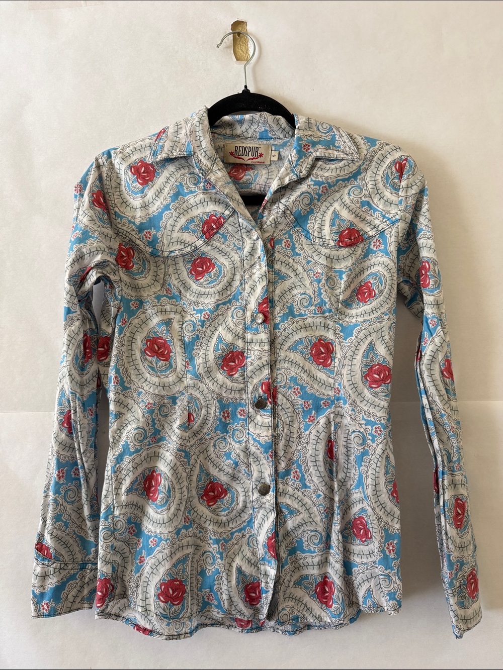 Red Spur Western Paisley Button Front Shirt Size S Long Sleeve Rose Rodeo Top
